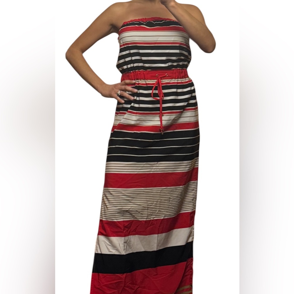 Cache Strapless Long Flow Dress - Red, Black, White Stripes